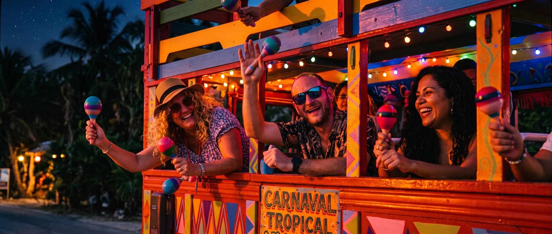 Guests laughing on a colorful open-air Aruba party bus at night, holding maracas under string lights.